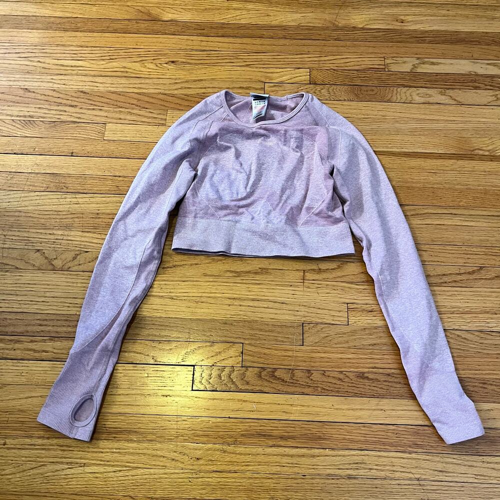 Gymshark Shirt Womens Medium Flex Crop Top Long Sleeve Cut Out Back Marled Pink